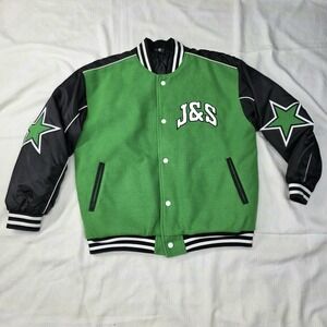 JGR & STN Jacket Womens 4 Green‎ Black Varsity Letterman Star Patch Quilted Snap